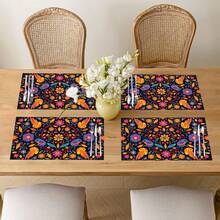 1pc/4pcs/6pcs/8pcs Mexican Folkloric Floral & Bird Pattern Linen Placemats, Suitable For Dining Table, All Seasons Decor, Modern Washable Tabletop Mats, Room Decor, Coasters, Kitchen Dining Mats, Indoor/Outdoor Party Decorations, Ideal Gift - Multicolor - View 3