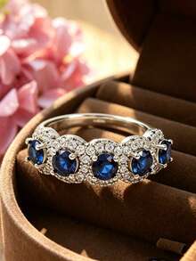 1pc Women's Fashion Versatile Blue Diamond Inlaid Ring, Suitable For Daily Wear, Parties And Weddings, An Excellent Mother's Day Gift (Gift Box Not Included) - Blue - View 2