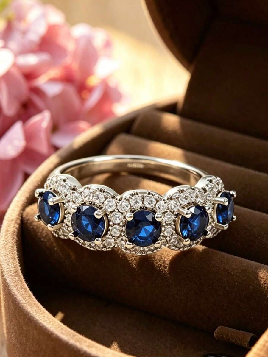 1pc Women's Fashion Versatile Blue Diamond Inlaid Ring, Suitable For Daily Wear, Parties And Weddings, An Excellent Mother's Day Gift (Gift Box Not Included)