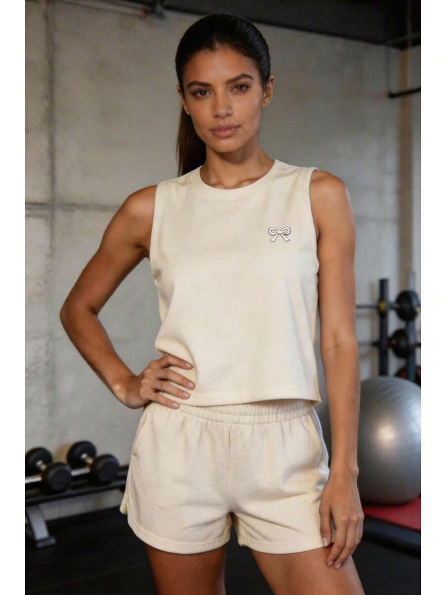 Mujeres INS deportes de ocio, estampado de líneas lunares con flecos, autocultivo, primavera y verano, fuera de la calle, traje de pantalones cortos de yoga - Beis - Ver 1