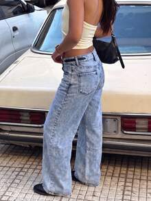 Jeans casuales de mujer con cintura elástica y cordón ajustable - Azul claro - Ver 5