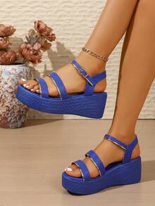 Sandal đế xuồng cao gót màu xanh navy mới mùa hè, quai ngang có họa tiết, đế dày, nhẹ và thoải mái, khóa cài cổ điển có thể điều chỉnh, viền vàng thanh lịch, đa năng cho đi chơi, đi làm, mua sắm, dự tiệc, một món đồ không thể thiếu. - Màu xanh lam - Xem 7
