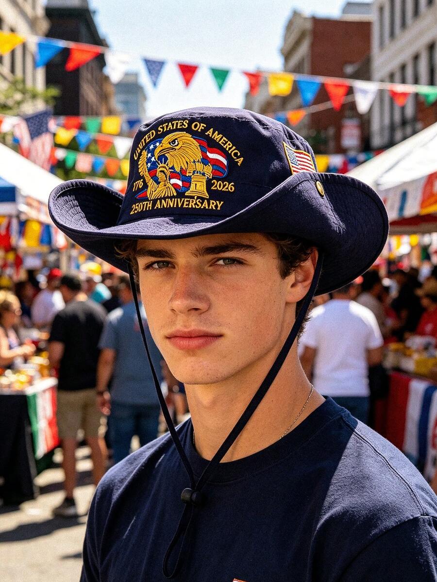 1 pieza Sombrero de cubo de poliéster con bandera nacional bordada, resistente al viento, sombrero de sol con patrón de bordado de águila, adecuado para fiestas, salidas y uso diario - 250 - Ver 1