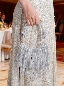 New Rhinestone Decor Tassel Handbag, Elegant Clutch Purse For Evening Dress, Party And Gathering, Fashion Women Bag,Fringe Bag - Silver - View 4