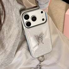 GUCADI 银边 3D 银蝴蝶 + 灰色水晶挂绳，奢华风格，适用于 17 Pro Max、17、Apple 15，镀金银蝴蝶，14 英寸防摔，16 英寸带挂链，创意、几何、艺术、清新、小众、奢华风格、ins 风 - 銀色 - 查看 8