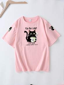 Áo thun cổ tròn tay ngắn in hình mèo uống trà, kiểu dáng thường ngày, dành cho nữ, cỡ lớn, thời trang mùa hè, phù hợp cho kỳ nghỉ hè, đi biển, du lịch, mùa xuân, ngày lễ tình nhân. Màu hồng. - Hồng - Xem 2