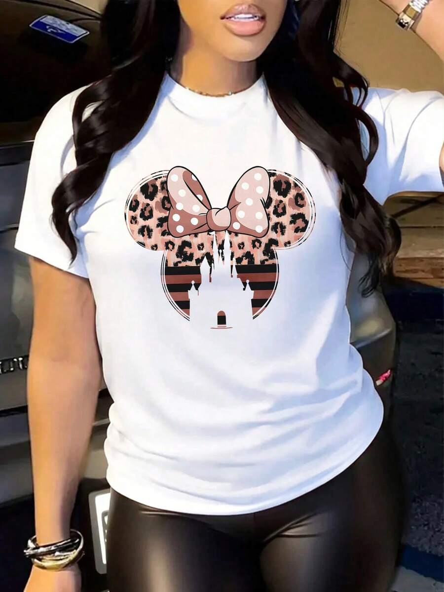 Disney Womens Casual Cotton Short Sleeve Round Neck T-Shirt With Leopard Minnie Mouse & Castle Print, Regular Length Top With Slight Stretch, Everyday Comfort Tee - White - View 1