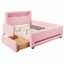Full Size Bed Frame With Drawer, PU Leather Upholstered Platform Bed With LED Lights For Girls, Princess Bed With Safety Guardrail, Headboard With USB Ports, No Box Spring Needed, Pink - Full Size-Pink - View 8