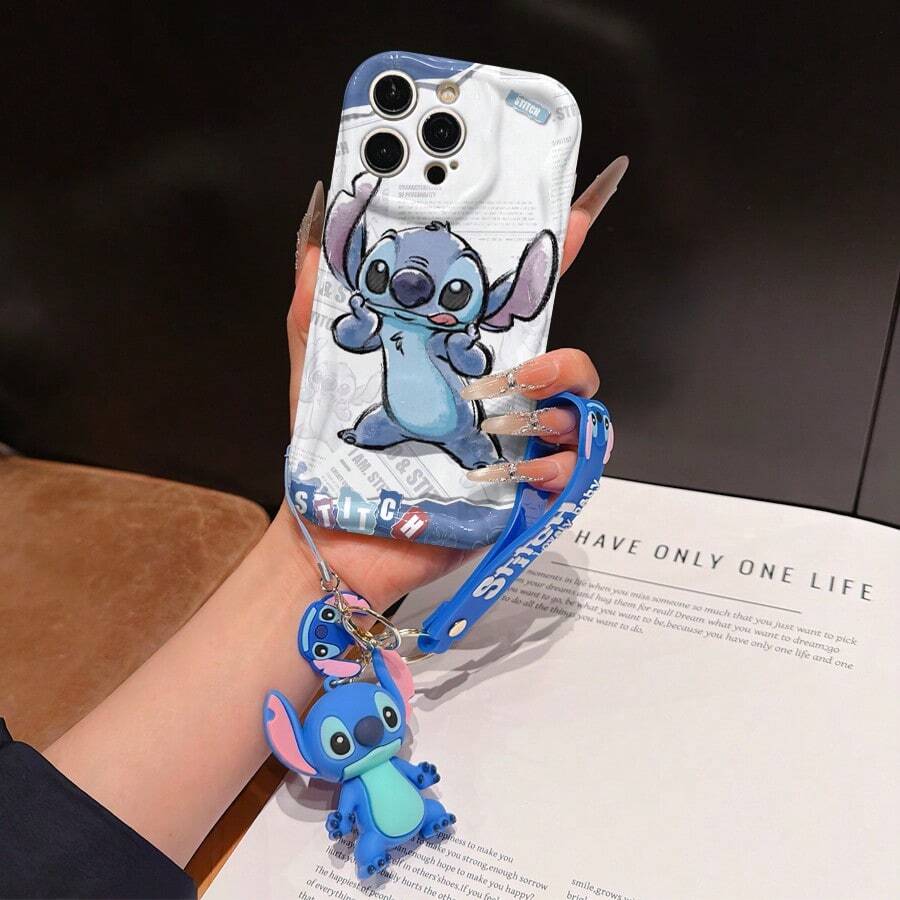 Disney Has Authorized, Phone Case - Chain Set, The Stitch Lilo & Stitch Phone Case Plus A Silicone 3D Or Fluffy Style Stitch Bracelet With Metallic Ring Removable Bracelet, Stitch And Angel Pattern, Compatible With Iphone 17/16/15/14/13/12/11/XS/XR/X Plus Pro Max, Wavy Design Phone Case For Girl, A Stylish Cartoon Summer Phone Case, The Perfect Gift Choice, Phone Protection, Durable Phone Cover, Great Gift For Friends And Family - 白色款式A - 查看 1