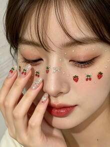 1pc Strawberry Bow Face Decor Sticker, Faux Pearl Teardrop Eye Sticker, Sweet Girl Stage Makeup Eye Makeup, Photo Shoot Atmosphere Decor Sticker,Concert Look,Face Gems - Multicolor - View 2