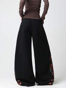 1 Stück Modische Damen Weite Bein Jeans mit Stickerei, Weite und bequeme Schlagjeans, vielseitig für alle Jahreszeiten (Gürtel/Accessoires nicht enthalten) Lässig Schwarz - Schwarz - Übersicht 2