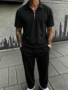 男士春夏半拉链领时尚休闲长裤套装 - 黑色 - 查看 1