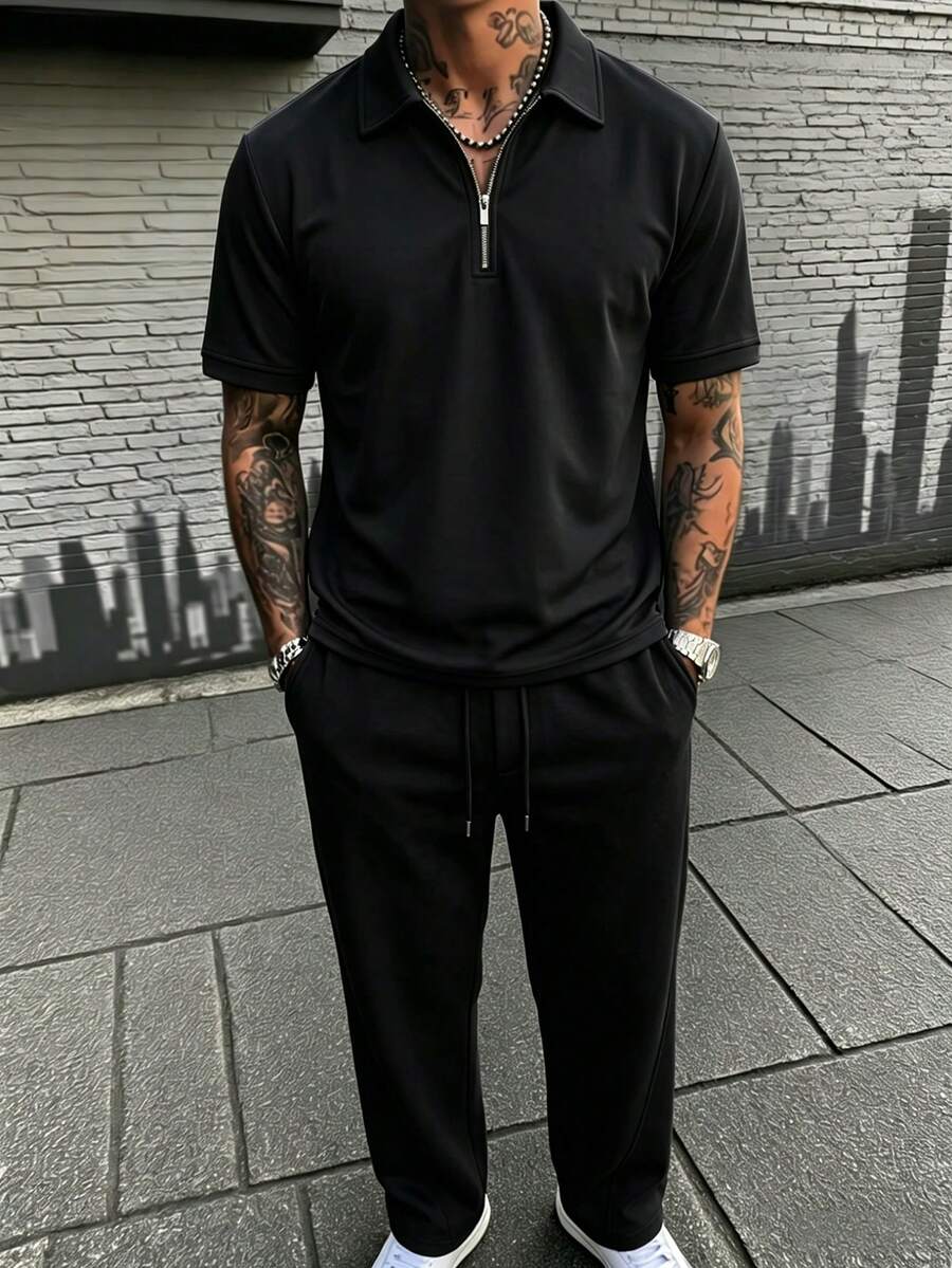 男士春夏半拉链领时尚休闲长裤套装 - 黑色 - 查看 1
