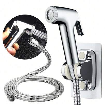 1pc ABS Spray Gun Short + 1.5+ Wall Shelf Silvery: High Pressure Spray Gun Faucet Toilet Companion Flush Gun One In Two Out Increased Pressure Spray Head Washing Toilet Household Set