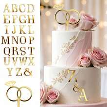 Set de 3 piezas/6 piezas/27 piezas/28 piezas de decoraciones de pastel de acrílico dorado que incluye letras de la A a la Z y diseño de anillo, adecuado para bodas, fiestas de compromiso, decoración de pasteles - Multicolor - Ver 2