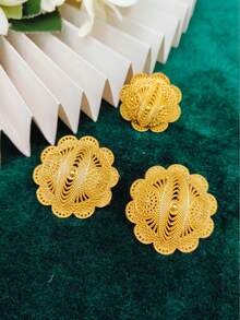 1 Collar, 1 Par de Aretes, 1 Anillo Conjunto de Joyería de Mujer de Moda con Colgante Redondo Dorado de 3 Piezas, Adecuado para Arabia Saudita, Medio Oriente, Dubái, Europa, África, Novia, Boda, Fiesta, Cita, Día de la Madre, San Valentín, Graduación, Regalo de Vacaciones, Uso Diario - Amarillo Oro - Ver 4