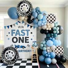 129pcs Blue Racing Car Theme Balloon Arch Set, Including Gray-Blue, Peacock Blue And Black Balloon Garlands, As Well As Plaid Balloons And Racing Flag, Suitable For Birthday Party, Gender Reveal Party, Baby Shower And Racing Theme Decoration - View 3