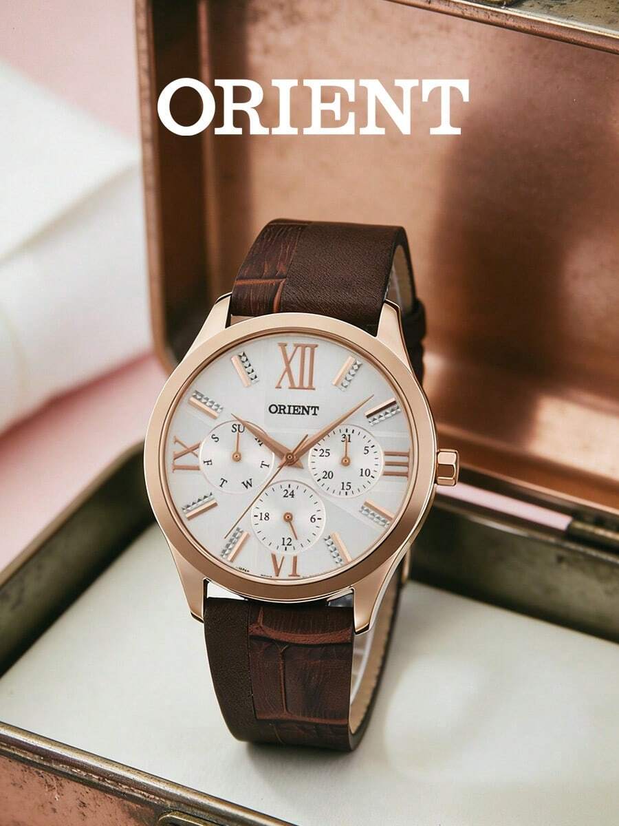 Orient 优雅多功能女士腕表 FSW03002W0,玫瑰金水晶表圈,珍珠贝母表盘,日期显示,24 小时子表盘,三角形刻度,白色鳄鱼皮表带,女士奢华礼物,适合晚宴、办公、毕业典礼、生日、母亲节等场合佩戴。 - 棕色 - 查看 1