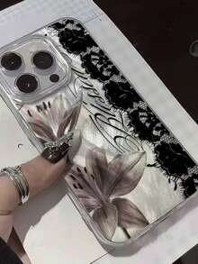 1款时尚韩版个性化蕾丝花朵标语图案美学羽毛纱线激光防水防指纹防刮透明IMD软面光滑手机壳，兼容 16 Pro Max/16/16 Pro/16 Plus/15/15 Pro Max/15 Pro/11/12/13/14 Pro Max/11 Pro Max/12 Pro/12 Pro Max/13 Pro/13 Pro Max/14 Pro/14 Pro Max，高端创意 - 彩色 - 查看 1
