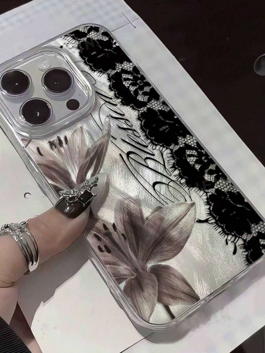 1款时尚韩版个性化蕾丝花朵标语图案美学羽毛纱线激光防水防指纹防刮透明IMD软面光滑手机壳，兼容 16 Pro Max/16/16 Pro/16 Plus/15/15 Pro Max/15 Pro/11/12/13/14 Pro Max/11 Pro Max/12 Pro/12 Pro Max/13 Pro/13 Pro Max/14 Pro/14 Pro Max，高端创意 - 彩色 - 查看 1