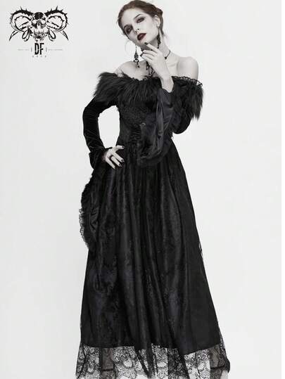 Devil fashion Vestido largo de encaje esponjoso con hombros descubiertos, estilo gótico, cintura vintage retro