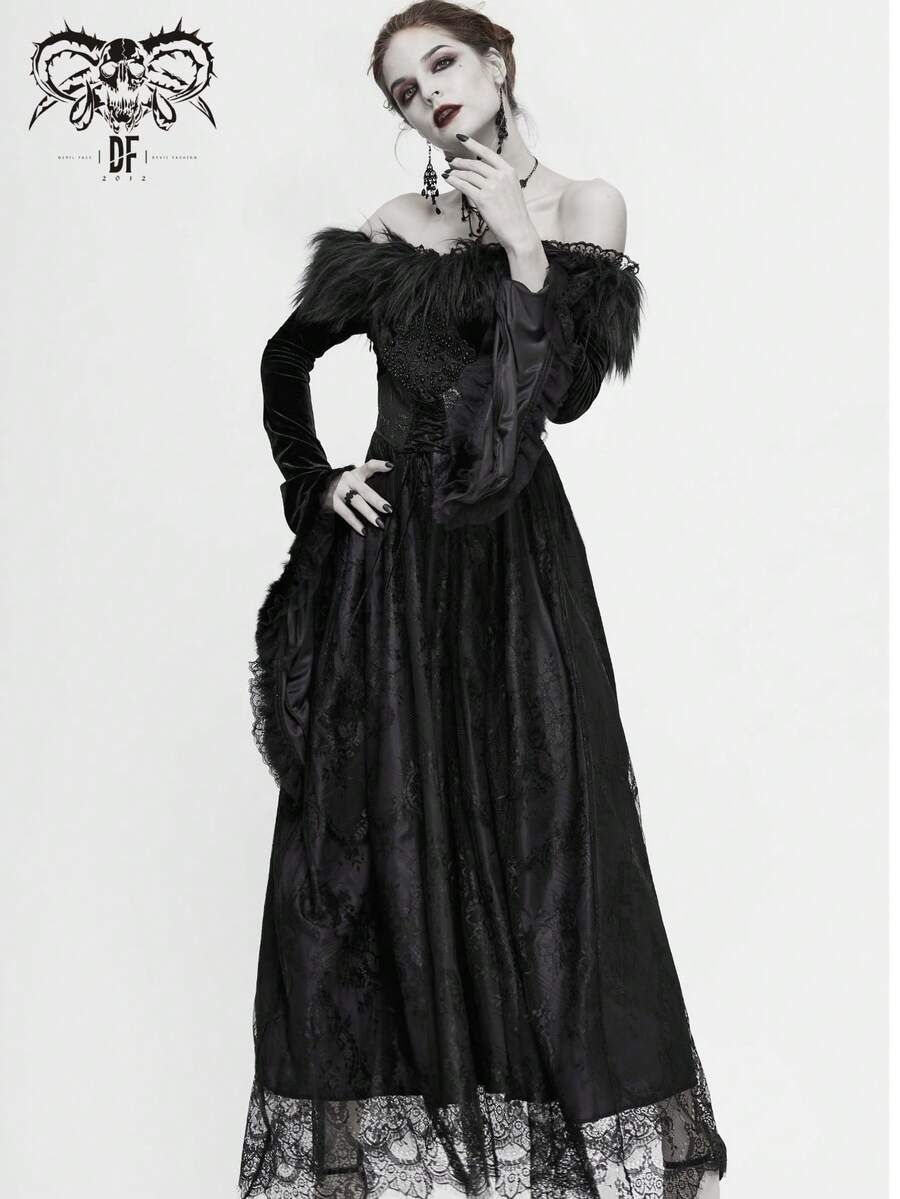 Đầm ren bồng bềnh trễ vai kiểu Gothic, đầm dài cổ điển sang trọng ôm eo kiểu retro. - màu đen - Xem 1