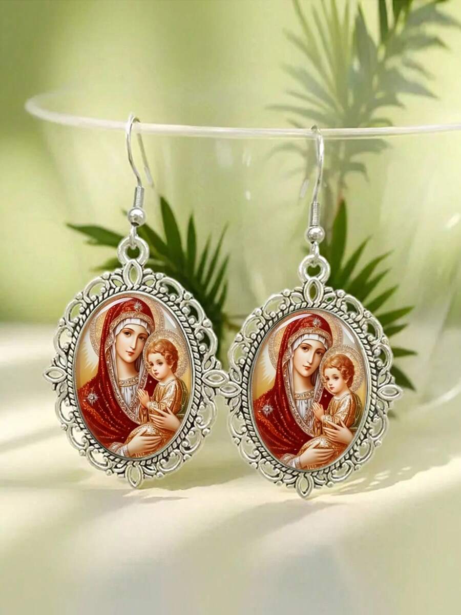 Bông tai hình Đức Mẹ Maria và Chúa Giêsu, trang sức sùng đạo Công giáo, quà tặng tôn giáo cho phụ nữ Kitô giáo, phụ kiện tín ngưỡng. - Bạc - Xem 1
