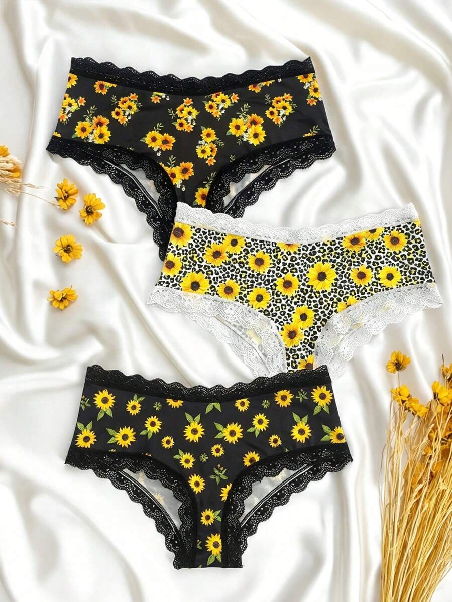 Bộ 3 quần lót nữ - Họa tiết hoa hướng dương + Họa tiết da báo cổ điển phối ren tam giác - Nhiều màu - Xem 1