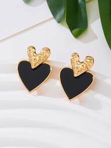 1 Pair Romantic Vintage Textured Black Heart Shaped Stud Earrings, Suitable For Weddings, Parties, And Daily Wear - Black - View 2