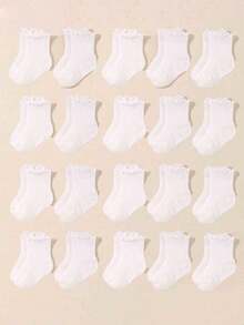 5 Pairs Kids' Solid Color Ruffle Trim Mid-Calf Socks, Comfortable Breathable Simple Versatile Socks, Suitable For Daily Casual & Home Wear - White - View 4