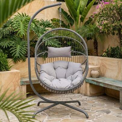 Rattan Swing Egg Chair Hanging Garden Hammock With Cushions & Stand Outdoor Indoor Furniture 96cm Basket