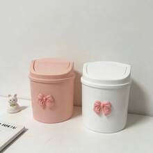 1个迷你桌面垃圾桶，带盖+蝴蝶结装饰，塑料旋转顶盖垃圾桶，非电动圆柱形垃圾桶，适用于家庭、办公室、厨房、卧室梳妆台、日常用品 - 迷你垃圾筒 - 查看 9