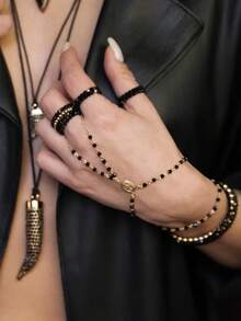 暗黑风格菱形链条多层环扣手链，复古哥特风女士饰品 - 金色 - 查看 2