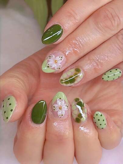 24 Pieces Of Green And Pink Flower Polka Dot Nail Stickers, Oval Cute Spring-Style Fake Nails, Spring And Summer Floral Style, Green Polka Dots, 3D Ball Design, Suitable For Women To Wear In Various Occasions Such As Dates, Outings, Daily Life, Parties, Etc. Oval Fake Nails, Nail Stickers, Female Decoration