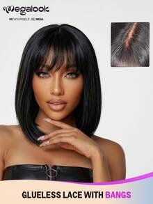 MEGALOOK 无胶6x6 T型蕾丝假发，100%真人发直发波波头假发，自然黑色带刘海，新手友好 - 适合万圣节、婚礼、圣诞派对、度假、返校、约会和商务场合。 - SNatural - 查看 2