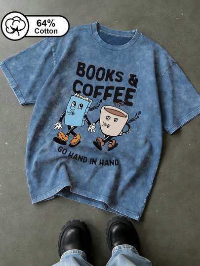 这款大码女式休闲日常T恤，印有手牵手的书和咖啡图案，以及“BOOKS & COFFEE, GO HAND IN HAND”字样，Y2K风格，是送给爱书爱咖啡人士的理想礼物。复古水洗短袖T恤，休闲运动风，适合户外穿着，是女士夏季上衣和夏季服装的理想之选。