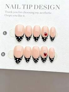 10 Pieces Of Handmade Press-On Nails, Short Almond-Shaped Stick-On False Nails. Fashionable And Styles Feature Hand-Painted Cute Ladybug Patterns And Hand-Painted White Polka Dots, With A Classic Black French Design Paired With A Nude Base. These Are High-End White Finished Nail Patches Suitable For Women And Girls For Daily Wear, Reusable, And Come With A Tool Kit. - Black - View 1