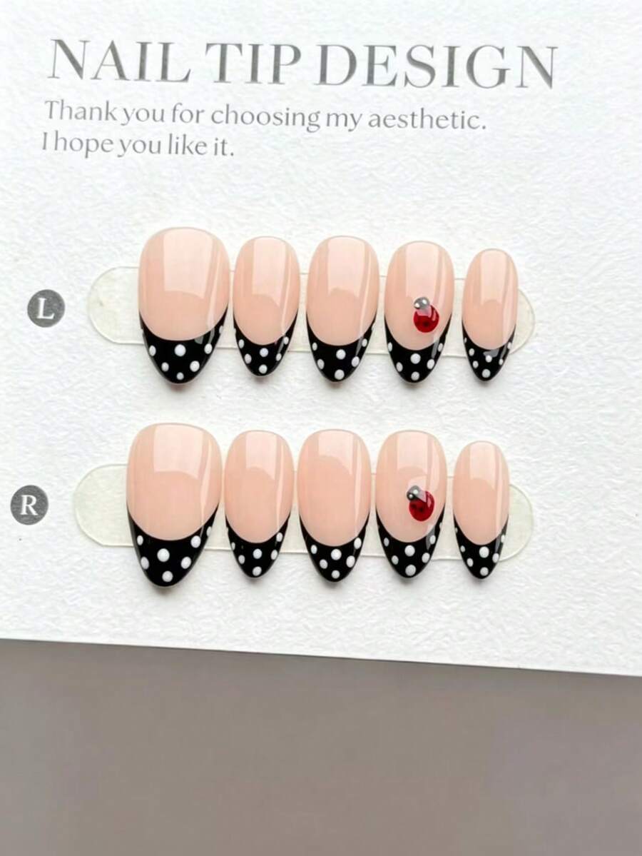 10 Pieces Of Handmade Press-On Nails, Short Almond-Shaped Stick-On False Nails. Fashionable And Styles Feature Hand-Painted Cute Ladybug Patterns And Hand-Painted White Polka Dots, With A Classic Black French Design Paired With A Nude Base. These Are High-End White Finished Nail Patches Suitable For Women And Girls For Daily Wear, Reusable, And Come With A Tool Kit. - Black - View 1