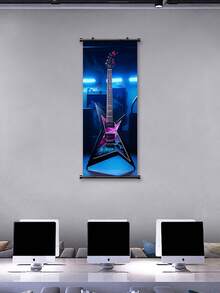 1pc Music Theme Guitar And Microphone Hanging Scroll Painting - Aesthetic Wall Art For Bedroom, Living Room, And Bathroom Decor - A - View 4
