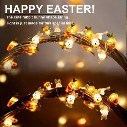 1 Đèn LED hình thỏ Phục Sinh và củ cà rốt bằng dây đồng, dùng để trang trí lễ Phục Sinh, trang trí nội thất, trang trí mùa xuân, trang trí tiệc Phục Sinh, trình diễn ánh sáng ngày lễ, chạy bằng pin (không bao gồm pin).