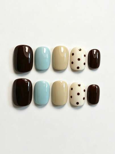 10pcs Pure Handmade Press On Nails Short Nails Oval Nails Multicolor Nails Vintage Dopamine Style Milky White Polka Dot Chocolate Brown Sky Blue Color Block Press-On Nails, Cute Minimalist Cozy Manicure, Short Oval Shape For Women And Girl,Spring Summer Fall Winter Festivals Party And Dailys Life Use