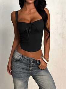 Top ajustado minimalista de verano XINMEI, camiseta de mujer con parches de encaje y detalle de lazo, adecuado para la playa, vacaciones, citas, fiestas, festivales, bodas y otras ocasiones - Negro - Ver 3