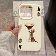 1pc TPU Material Leopard Print Spade A Leopard Cat Cocktail Pattern Phone Case Compatible With Iphone 17 Pro Max/17/16 Pro Max/15/13/12/11, S20 FE/A15/S24/A55, Note 11/Note 12/Note 13 Pro, Full Coverage Anti-Drop Soft Shell Phone Protective Case - White - View 1