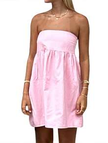 Women Tube Dress Solid Color A-Line Dress Strapless Dress Summer Backless Mini Dress - 粉色 - 查看 6