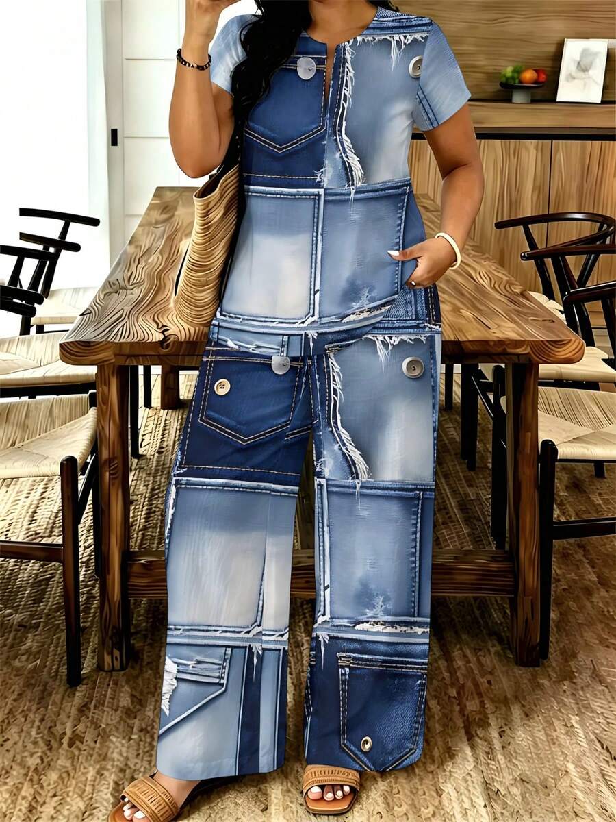 2026 Summer New Styles Denim Patchwork Style Women's Plus Size Long Pants Round Neck Short Sleeved Straight Leg Pants Set, 2 Pieces Jeans Pattern Casual Wear For Spring And Autumn Gift For Fashion Lovers - 白色 - 查看 1