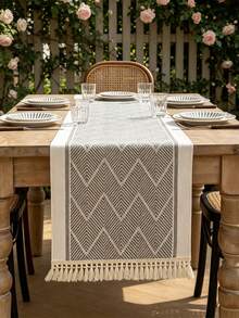 1pc Table Runner, Grey Wave Pattern, Waterproof Fabric, Fringe Edge, Suitable For Home, Party, Hotel, Restaurant Table Decoration - Grey - View 3