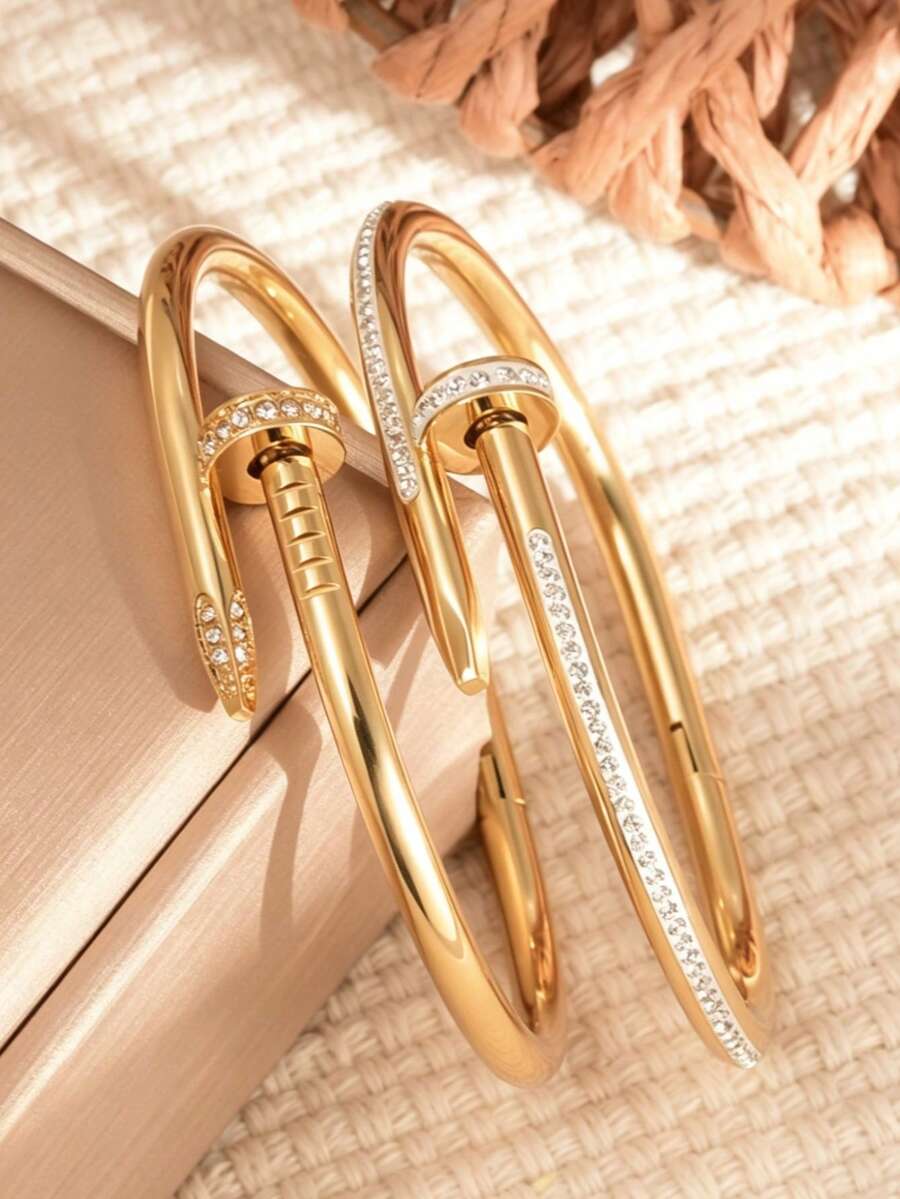 1 pieza Pulsera de acero inoxidable chapada en oro de 18K premium, de alta calidad, nunca se desvanece, incrustada con diamantes, adecuada para uso diario de mujeres, también es un gran regalo - Multicolor - Ver 1
