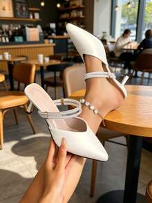 Dép lê kiểu dáng slip-on mới, dép bít mũi nhọn gót nhọn đính đá dành cho nữ mùa hè. - màu trắng ngà - Xem 12
