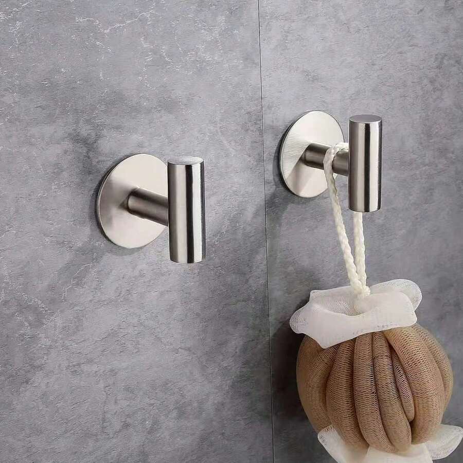 1/2 Paquete de ganchos de pared de acero inoxidable plateado sin taladro, impermeables, adecuados para baño y cocina, fácil instalación sin herramientas. Pueden colgar abrigos, sombreros, toallas, batas de baño, mochilas, llaves y artículos de tocador. Perfecto para entrada, vestidor, inquilinos y decoración del hogar. - Plateado - Ver 1