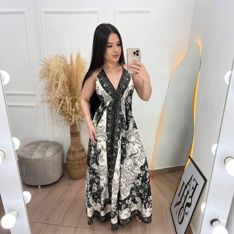 Dress Random Print Fabric Backless Beach - Black - View 1
